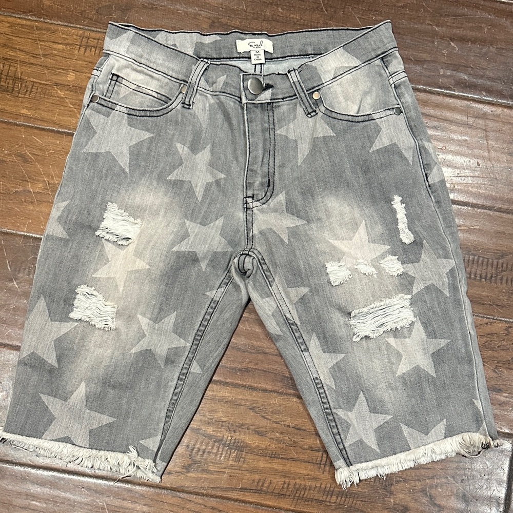 Easel Gray Star Printed Denim Shorts